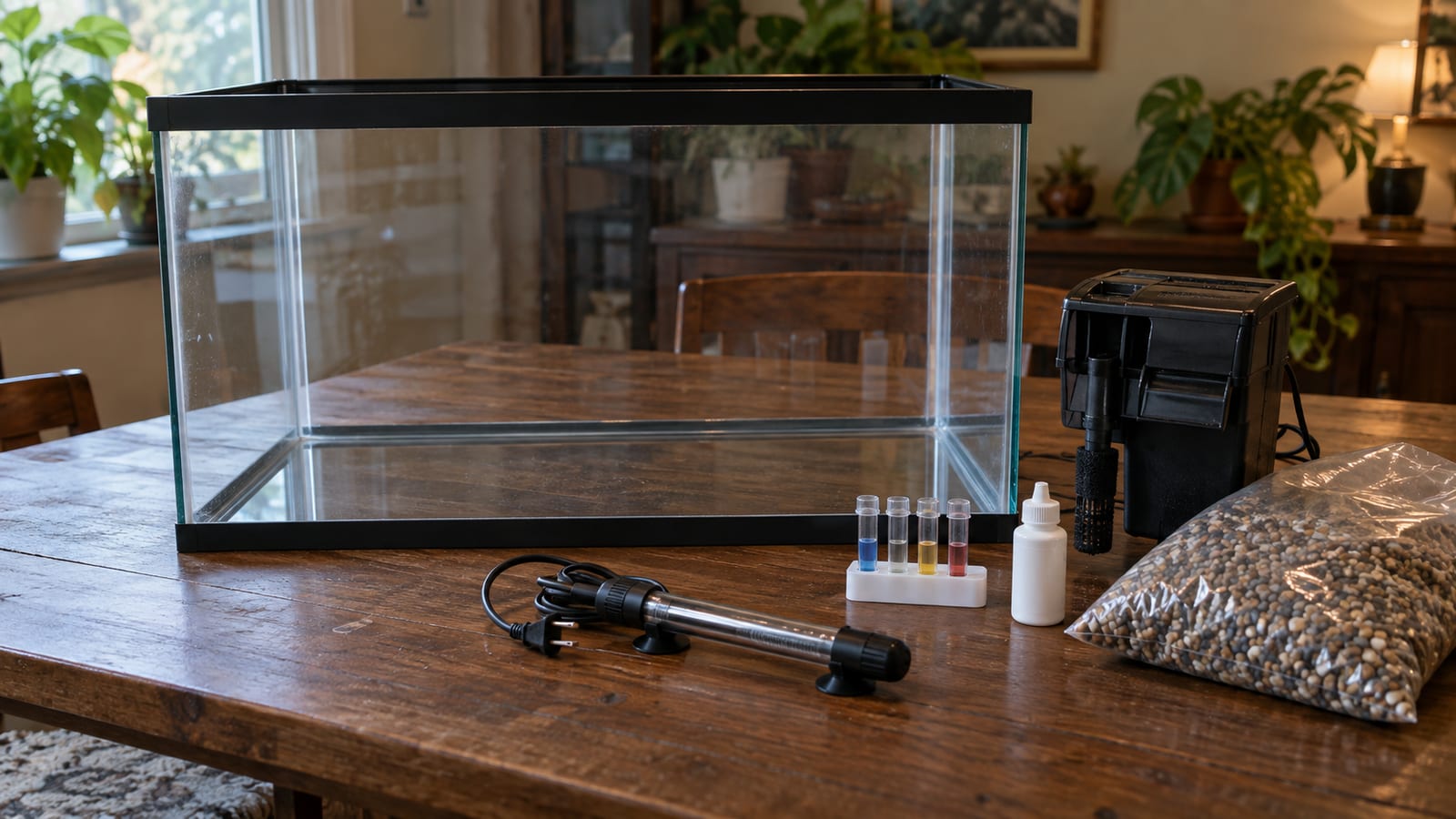 An empty 20 gallon aquarium beside the filter, heater, test kit and substrate needed to set it up