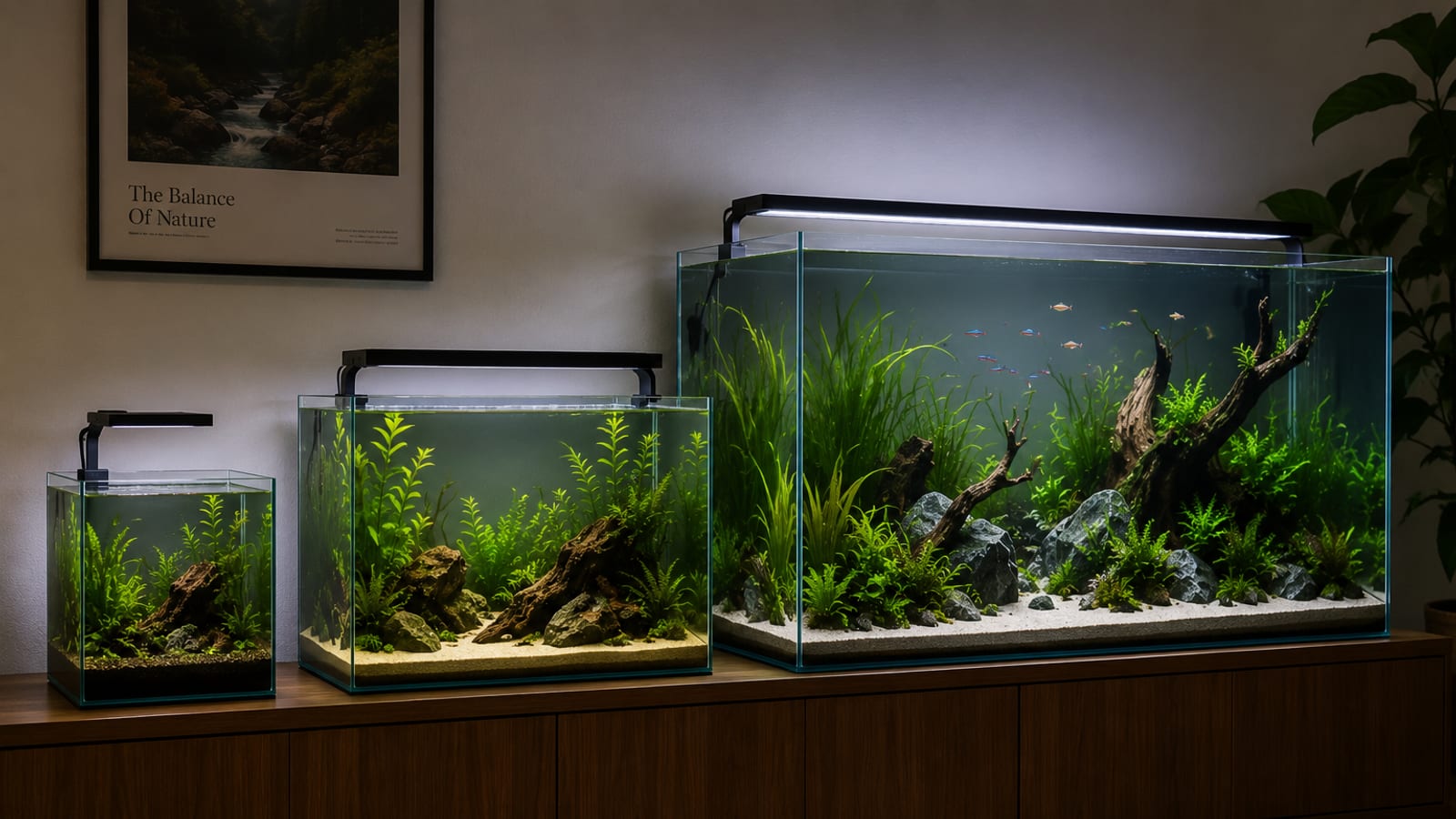 Aquariums of three different sizes side by side for comparison