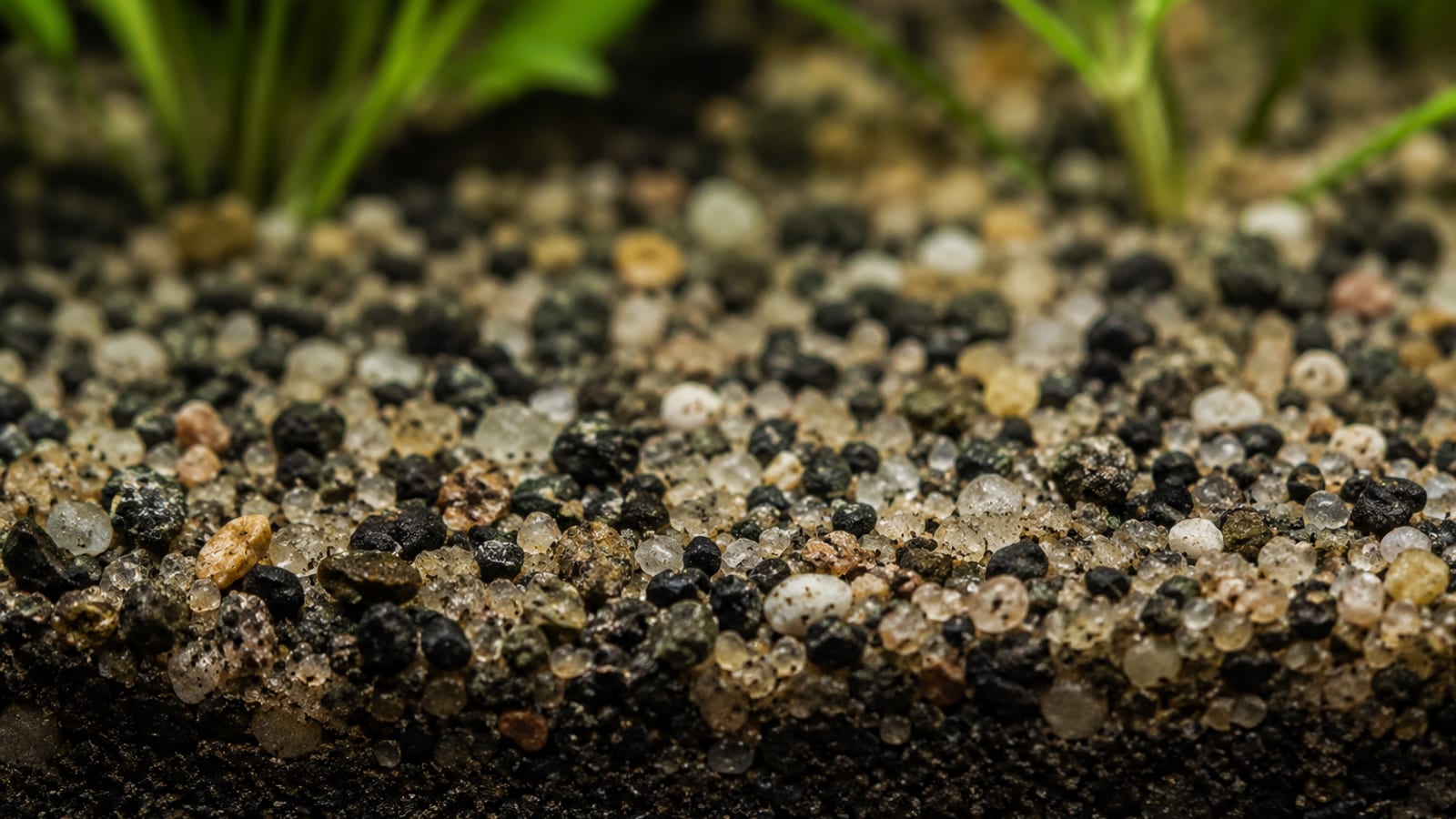 Close-up of aquarium substrate where detritus worms live