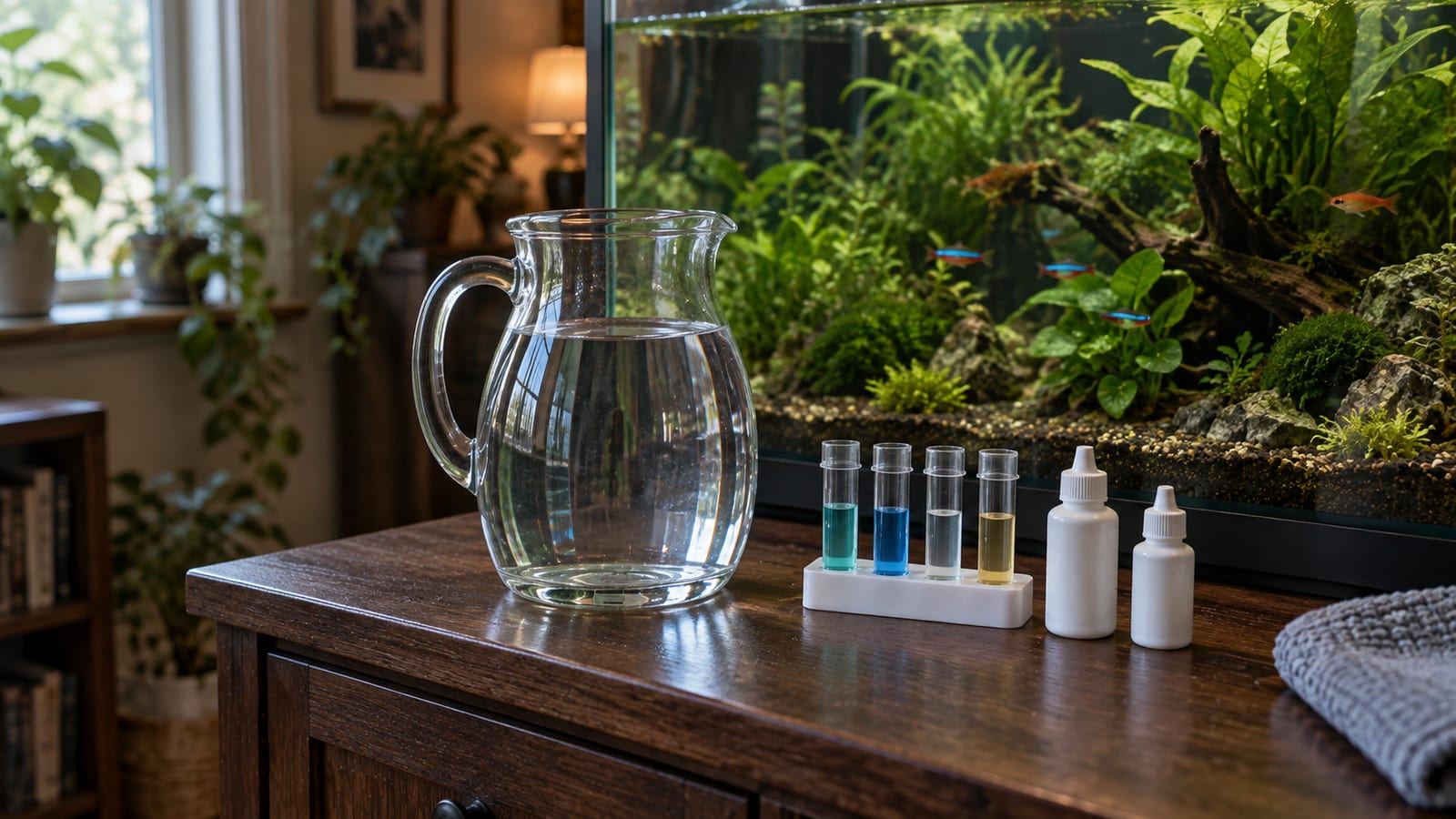 A clear jug of water beside a planted aquarium with a liquid test kit