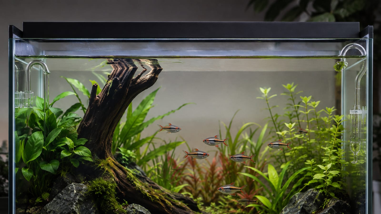 A small planted aquarium holding a shoal of eight small tetras