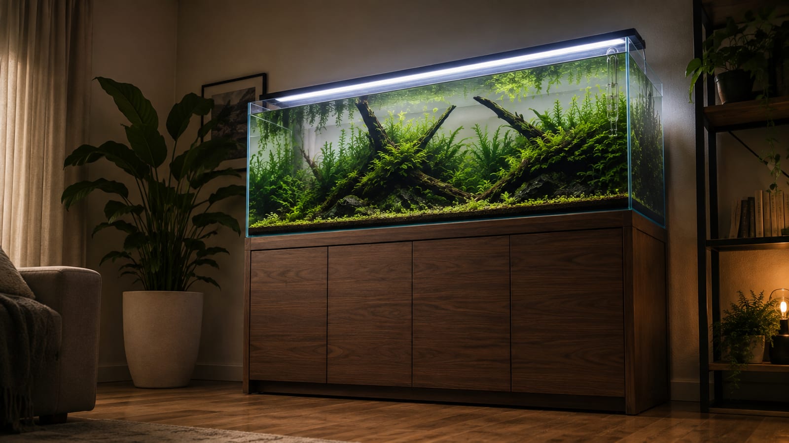 A filled glass aquarium resting on a purpose-built stand