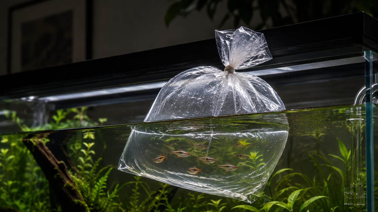 A sealed fish transport bag floating on the surface of an aquarium