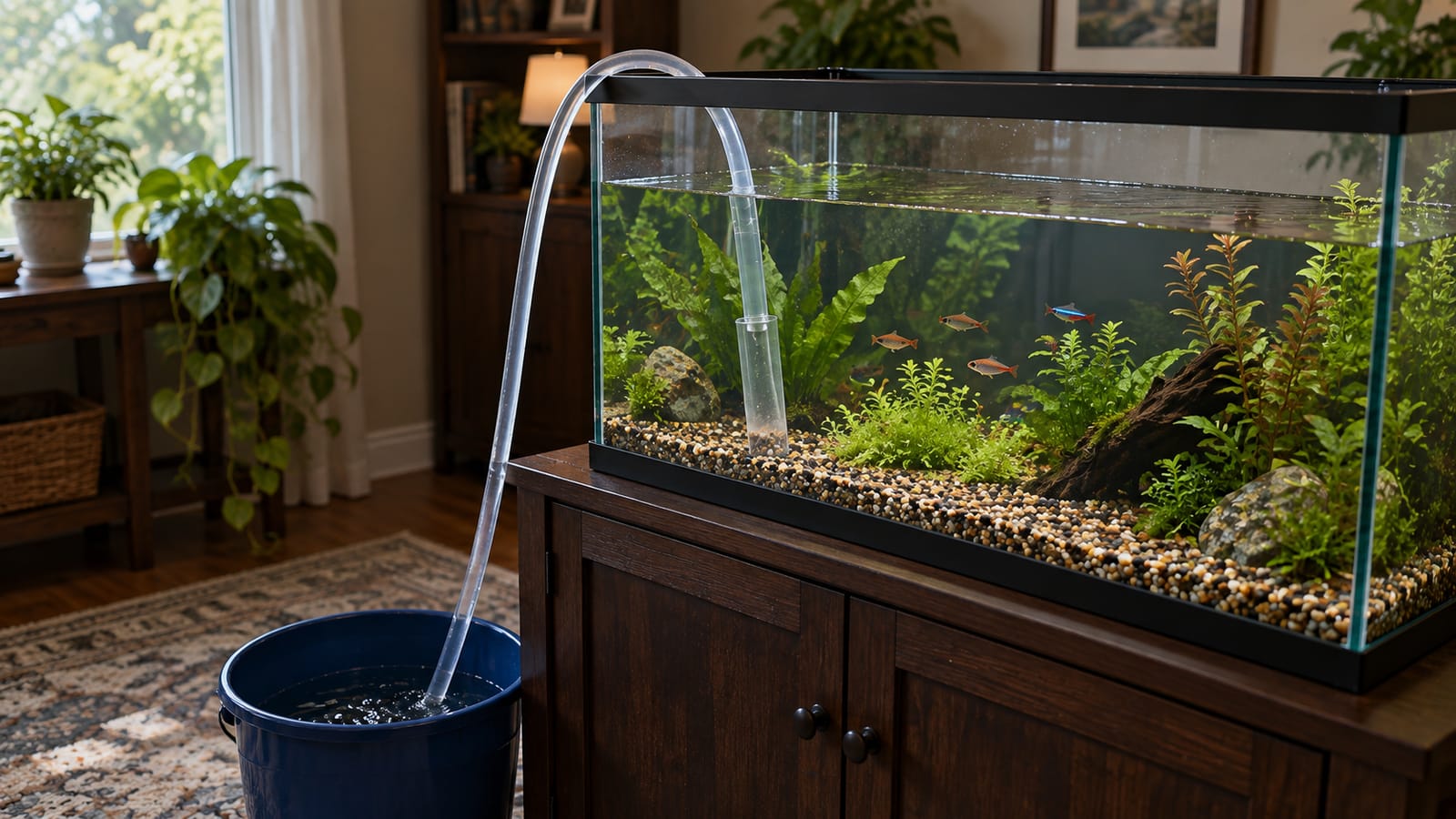 A gravel vacuum siphoning water from a planted aquarium into a bucket