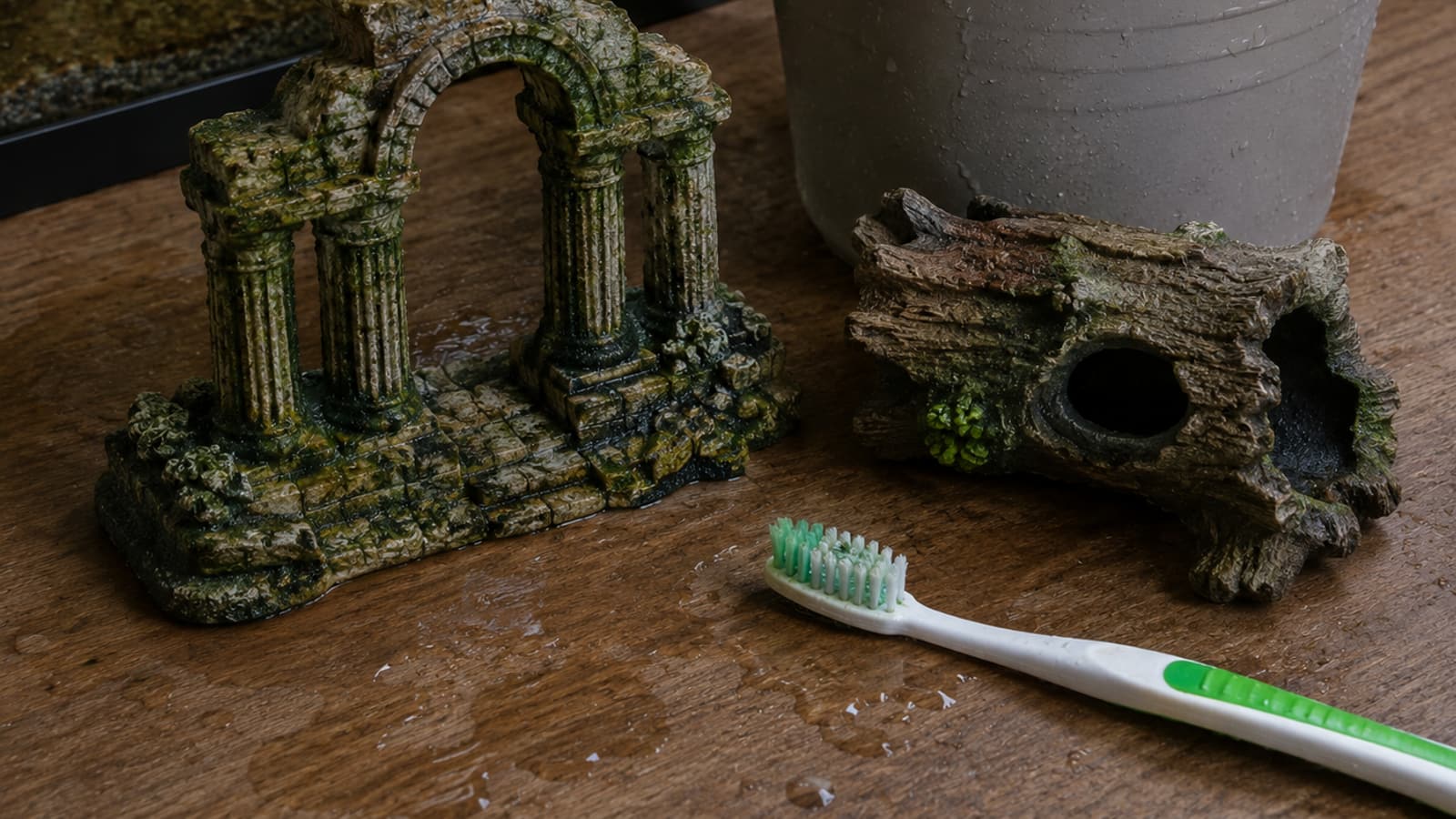 Aquarium ornaments being scrubbed with a brush beside a bucket of water