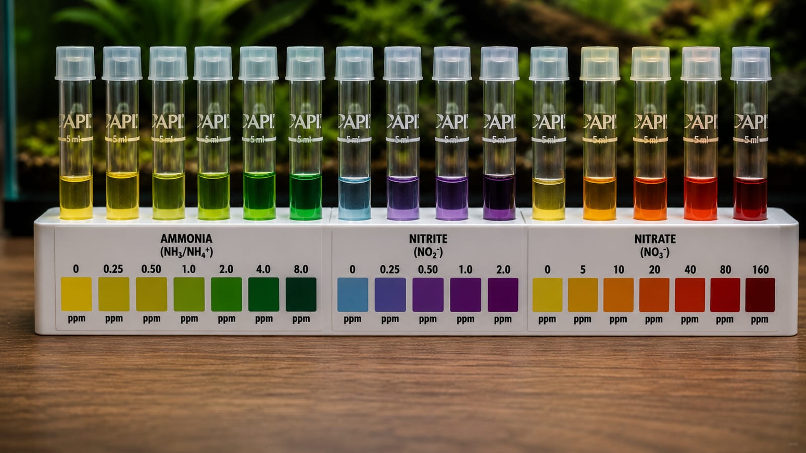 Aquarium test tubes showing ammonia and nitrite results during cycling