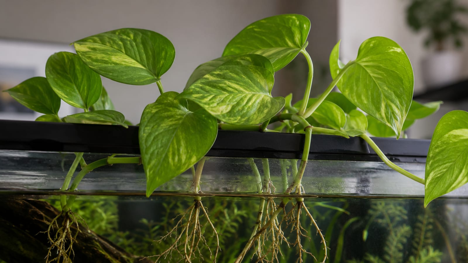 Pothos roots trailing below the waterline of an aquarium, leaves above the surface