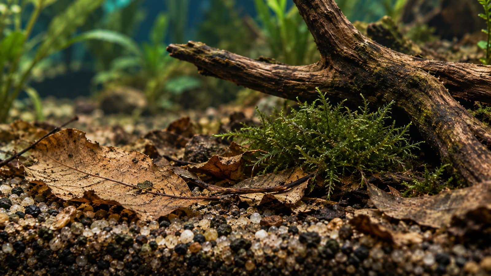 Leaf litter and moss on the floor of a planted aquarium, where scuds live