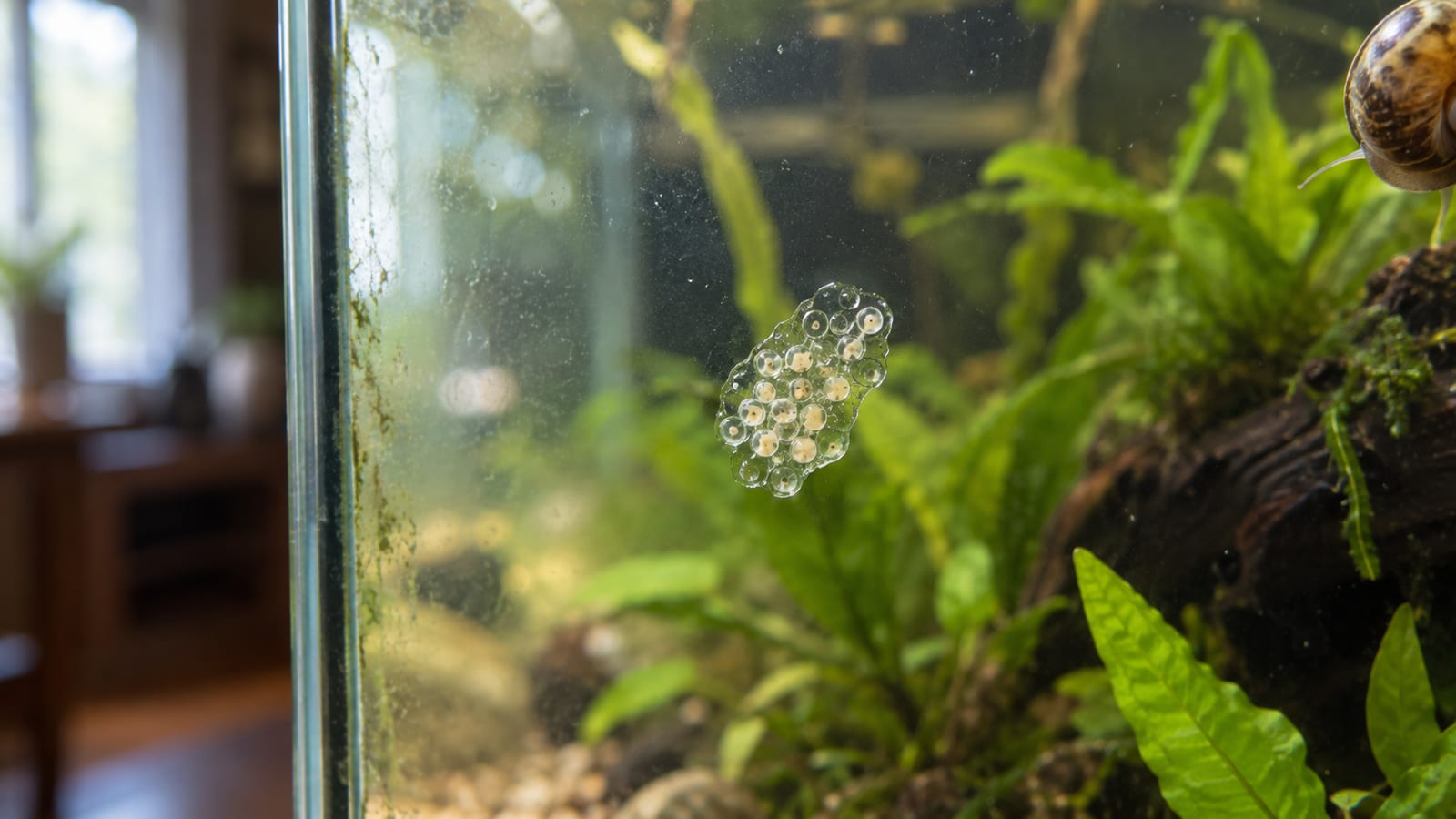 A clear jelly cluster of snail eggs on the glass of a planted aquarium