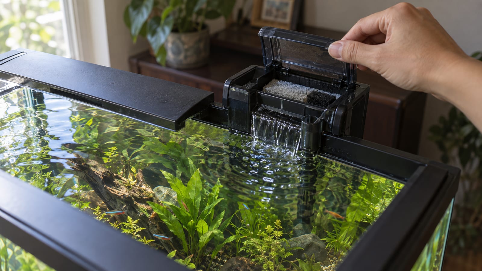 An open aquarium lid with a hand lifting the filter cover to check inside